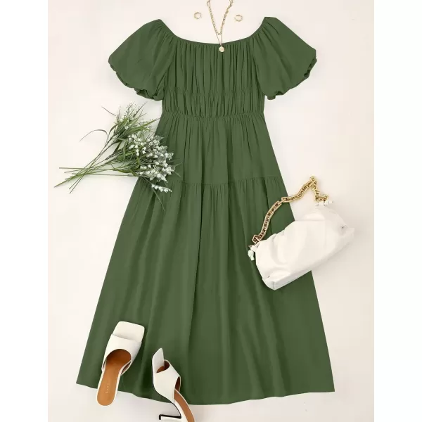 imageZESICA Womens 2023 Sexy Boho Off Shoulder Puff Short Sleeve High Waist Ruffled Flowy A Line Beach Party Midi DressArmygreen
