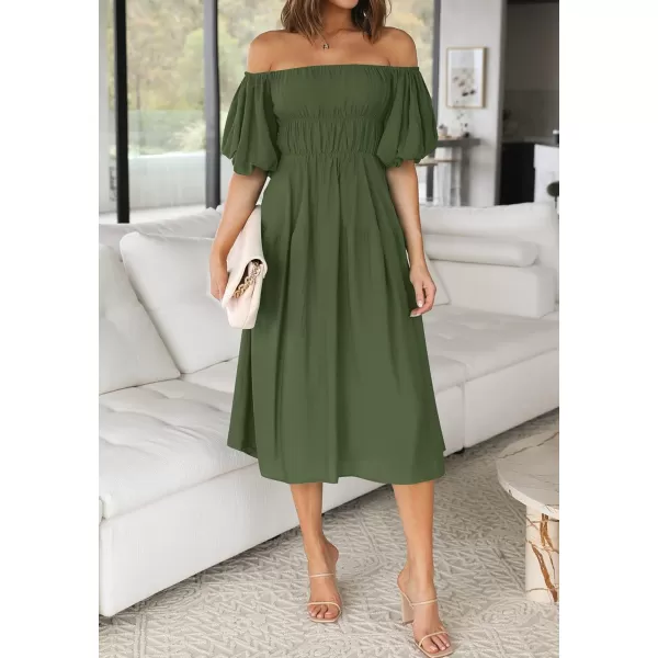 imageZESICA Womens 2023 Sexy Boho Off Shoulder Puff Short Sleeve High Waist Ruffled Flowy A Line Beach Party Midi DressArmygreen