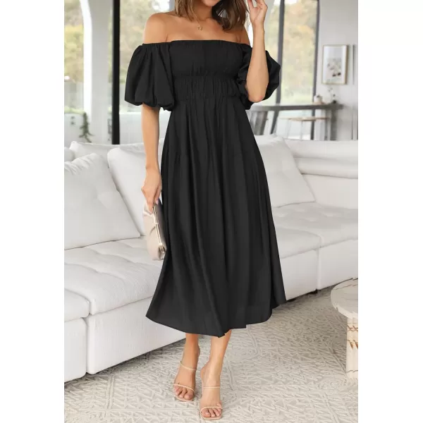 imageZESICA Womens 2023 Sexy Boho Off Shoulder Puff Short Sleeve High Waist Ruffled Flowy A Line Beach Party Midi DressBlack