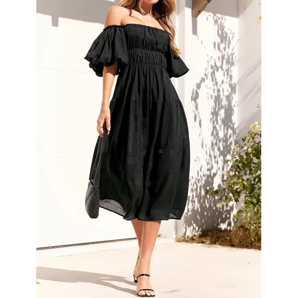 imageZESICA Womens 2023 Sexy Boho Off Shoulder Puff Short Sleeve High Waist Ruffled Flowy A Line Beach Party Midi DressBlack