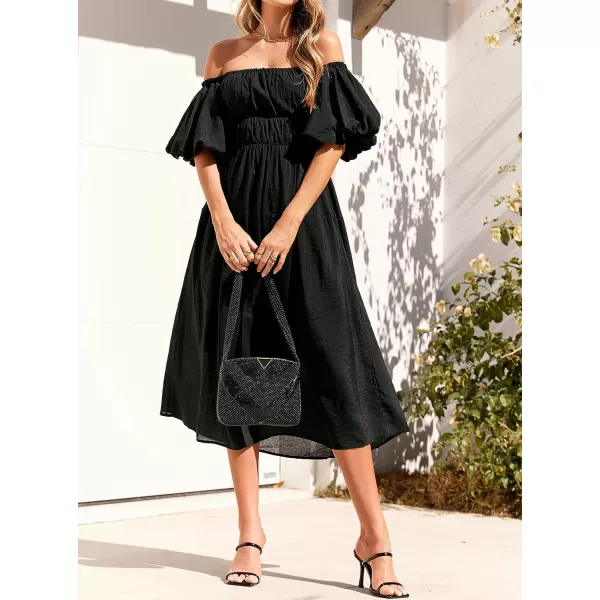 imageZESICA Womens 2023 Sexy Boho Off Shoulder Puff Short Sleeve High Waist Ruffled Flowy A Line Beach Party Midi DressBlack