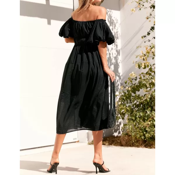 imageZESICA Womens 2023 Sexy Boho Off Shoulder Puff Short Sleeve High Waist Ruffled Flowy A Line Beach Party Midi DressBlack