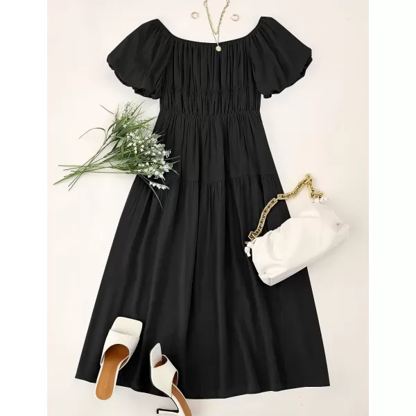 imageZESICA Womens 2023 Sexy Boho Off Shoulder Puff Short Sleeve High Waist Ruffled Flowy A Line Beach Party Midi DressBlack