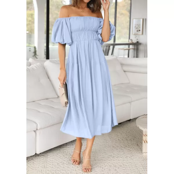 imageZESICA Womens 2023 Sexy Boho Off Shoulder Puff Short Sleeve High Waist Ruffled Flowy A Line Beach Party Midi DressBlue