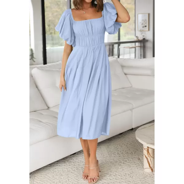 imageZESICA Womens 2023 Sexy Boho Off Shoulder Puff Short Sleeve High Waist Ruffled Flowy A Line Beach Party Midi DressBlue