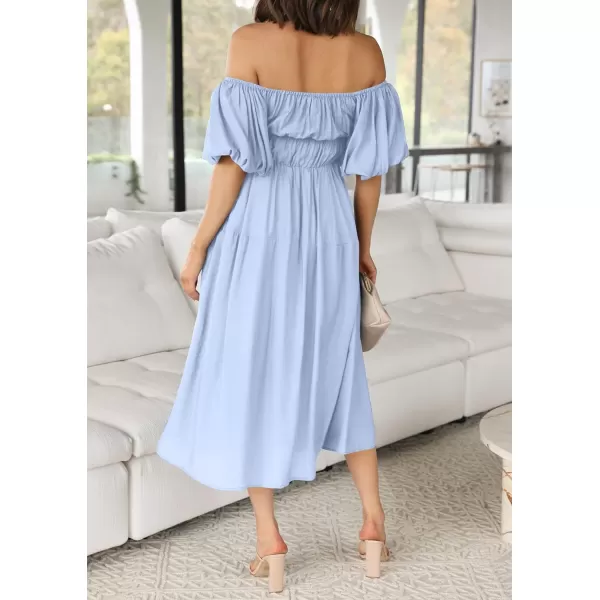 imageZESICA Womens 2023 Sexy Boho Off Shoulder Puff Short Sleeve High Waist Ruffled Flowy A Line Beach Party Midi DressBlue