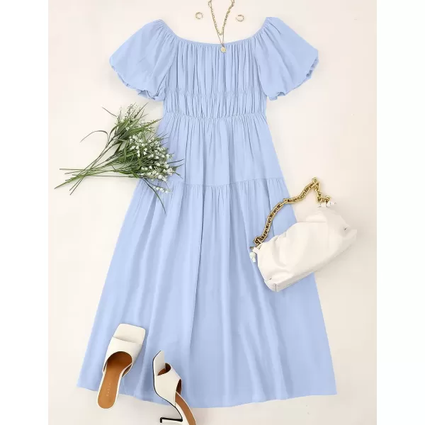 imageZESICA Womens 2023 Sexy Boho Off Shoulder Puff Short Sleeve High Waist Ruffled Flowy A Line Beach Party Midi DressBlue