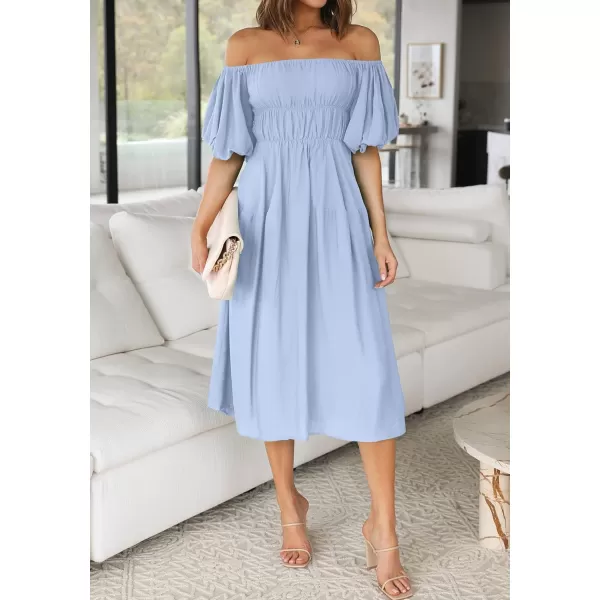 imageZESICA Womens 2023 Sexy Boho Off Shoulder Puff Short Sleeve High Waist Ruffled Flowy A Line Beach Party Midi DressBlue