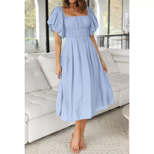 imageZESICA Womens 2023 Sexy Boho Off Shoulder Puff Short Sleeve High Waist Ruffled Flowy A Line Beach Party Midi DressBlue