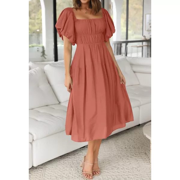 imageZESICA Womens 2023 Sexy Boho Off Shoulder Puff Short Sleeve High Waist Ruffled Flowy A Line Beach Party Midi DressCoral