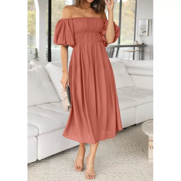 imageZESICA Womens 2023 Sexy Boho Off Shoulder Puff Short Sleeve High Waist Ruffled Flowy A Line Beach Party Midi DressCoral