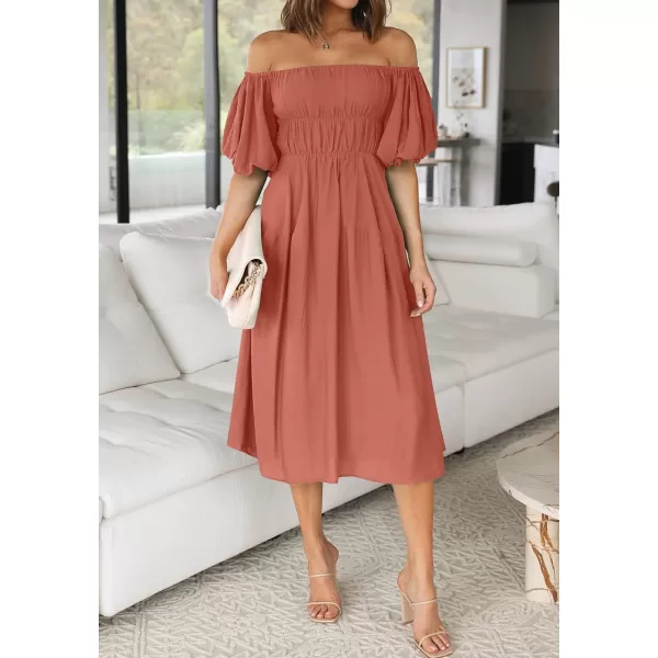 imageZESICA Womens 2023 Sexy Boho Off Shoulder Puff Short Sleeve High Waist Ruffled Flowy A Line Beach Party Midi DressCoral