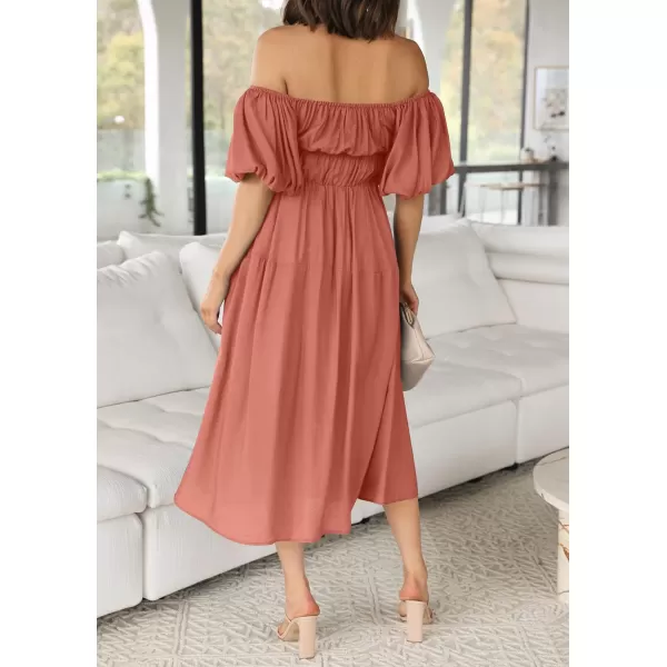 imageZESICA Womens 2023 Sexy Boho Off Shoulder Puff Short Sleeve High Waist Ruffled Flowy A Line Beach Party Midi DressCoral