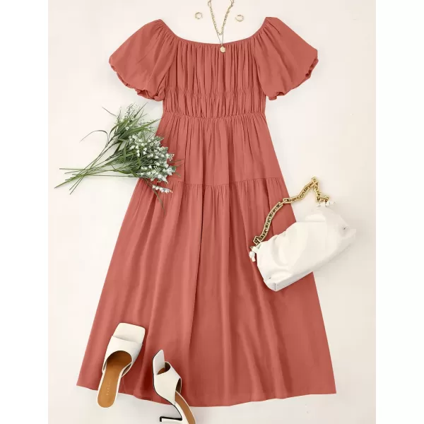 imageZESICA Womens 2023 Sexy Boho Off Shoulder Puff Short Sleeve High Waist Ruffled Flowy A Line Beach Party Midi DressCoral