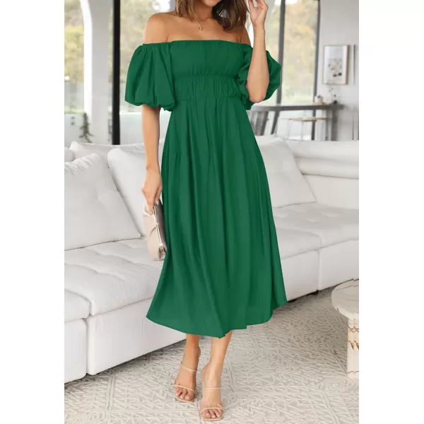 imageZESICA Womens 2023 Sexy Boho Off Shoulder Puff Short Sleeve High Waist Ruffled Flowy A Line Beach Party Midi DressDarkgreen