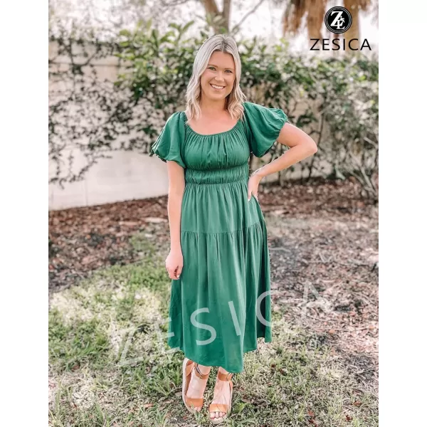 imageZESICA Womens 2023 Sexy Boho Off Shoulder Puff Short Sleeve High Waist Ruffled Flowy A Line Beach Party Midi DressDarkgreen