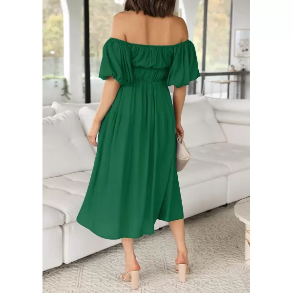 imageZESICA Womens 2023 Sexy Boho Off Shoulder Puff Short Sleeve High Waist Ruffled Flowy A Line Beach Party Midi DressDarkgreen