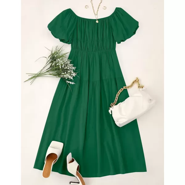 imageZESICA Womens 2023 Sexy Boho Off Shoulder Puff Short Sleeve High Waist Ruffled Flowy A Line Beach Party Midi DressDarkgreen