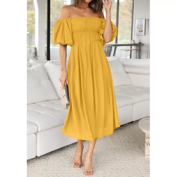 imageZESICA Womens 2023 Sexy Boho Off Shoulder Puff Short Sleeve High Waist Ruffled Flowy A Line Beach Party Midi DressGinger