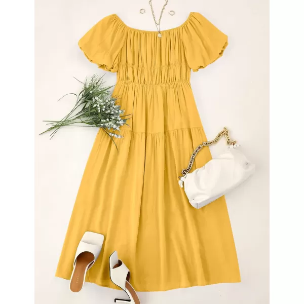 imageZESICA Womens 2023 Sexy Boho Off Shoulder Puff Short Sleeve High Waist Ruffled Flowy A Line Beach Party Midi DressGinger