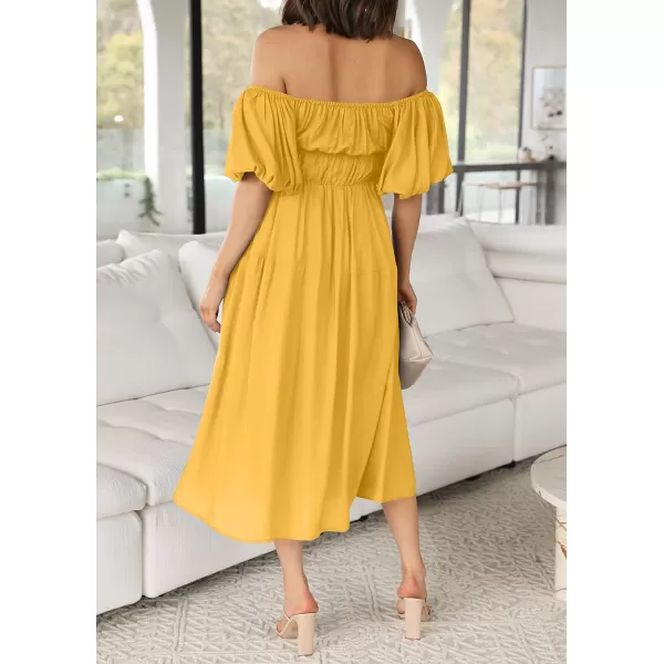 imageZESICA Womens 2023 Sexy Boho Off Shoulder Puff Short Sleeve High Waist Ruffled Flowy A Line Beach Party Midi DressGinger