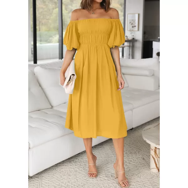imageZESICA Womens 2023 Sexy Boho Off Shoulder Puff Short Sleeve High Waist Ruffled Flowy A Line Beach Party Midi DressGinger
