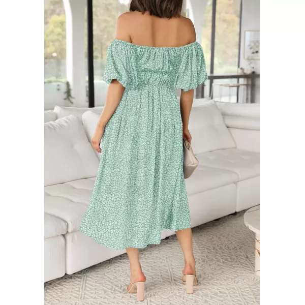 imageZESICA Womens 2023 Sexy Boho Off Shoulder Puff Short Sleeve High Waist Ruffled Flowy A Line Beach Party Midi DressGreen