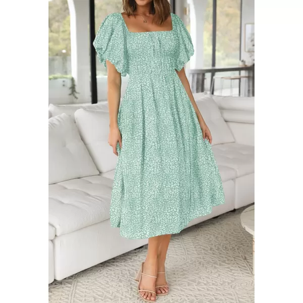imageZESICA Womens 2023 Sexy Boho Off Shoulder Puff Short Sleeve High Waist Ruffled Flowy A Line Beach Party Midi DressGreen