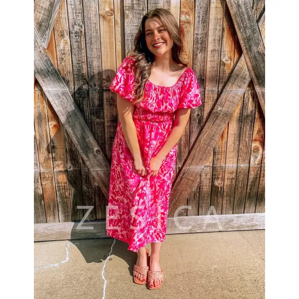 imageZESICA Womens 2023 Sexy Boho Off Shoulder Puff Short Sleeve High Waist Ruffled Flowy A Line Beach Party Midi DressHotpink