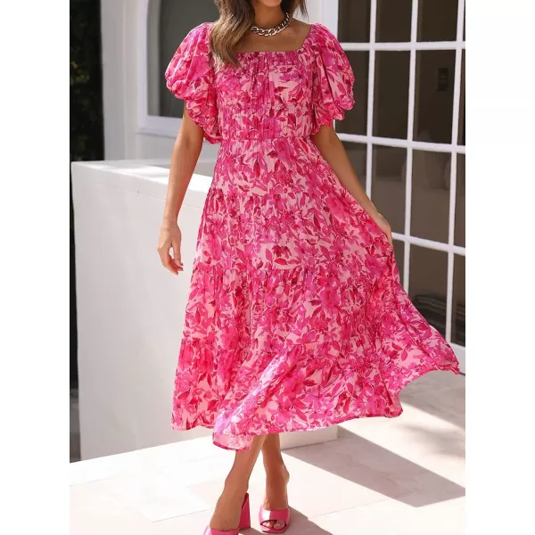 imageZESICA Womens 2023 Sexy Boho Off Shoulder Puff Short Sleeve High Waist Ruffled Flowy A Line Beach Party Midi DressHotpink