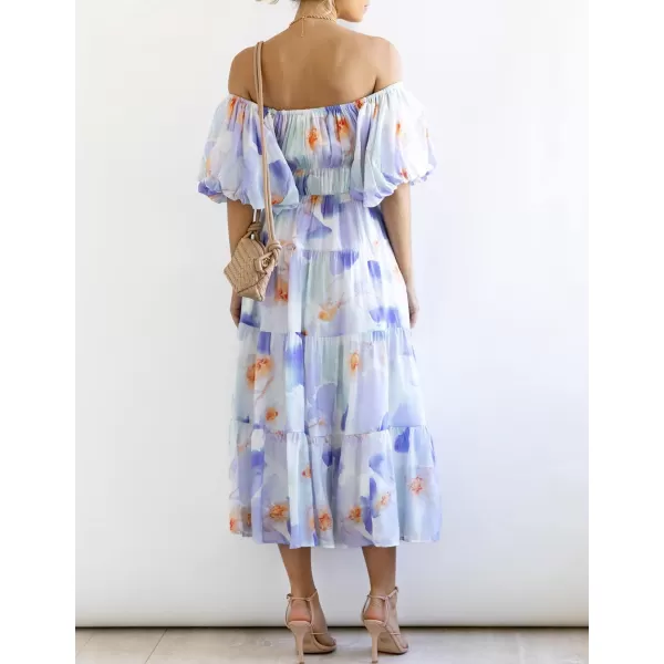 imageZESICA Womens 2023 Sexy Boho Off Shoulder Puff Short Sleeve High Waist Ruffled Flowy A Line Beach Party Midi DressLavender