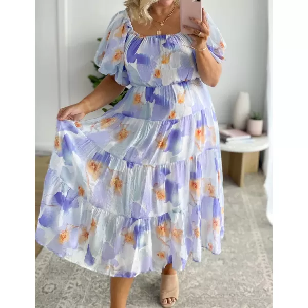imageZESICA Womens 2023 Sexy Boho Off Shoulder Puff Short Sleeve High Waist Ruffled Flowy A Line Beach Party Midi DressLavender