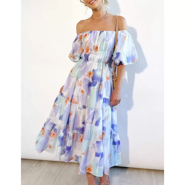 imageZESICA Womens 2023 Sexy Boho Off Shoulder Puff Short Sleeve High Waist Ruffled Flowy A Line Beach Party Midi DressLavender