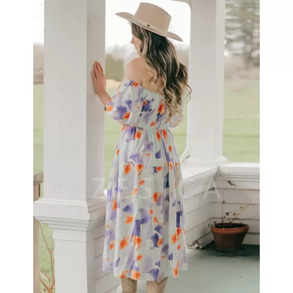 imageZESICA Womens 2023 Sexy Boho Off Shoulder Puff Short Sleeve High Waist Ruffled Flowy A Line Beach Party Midi DressLavender