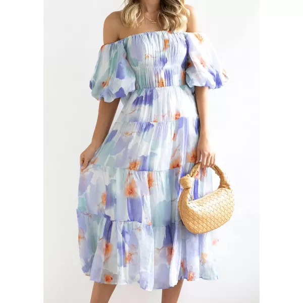 imageZESICA Womens 2023 Sexy Boho Off Shoulder Puff Short Sleeve High Waist Ruffled Flowy A Line Beach Party Midi DressLavender