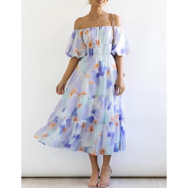 imageZESICA Womens 2023 Sexy Boho Off Shoulder Puff Short Sleeve High Waist Ruffled Flowy A Line Beach Party Midi DressLavender
