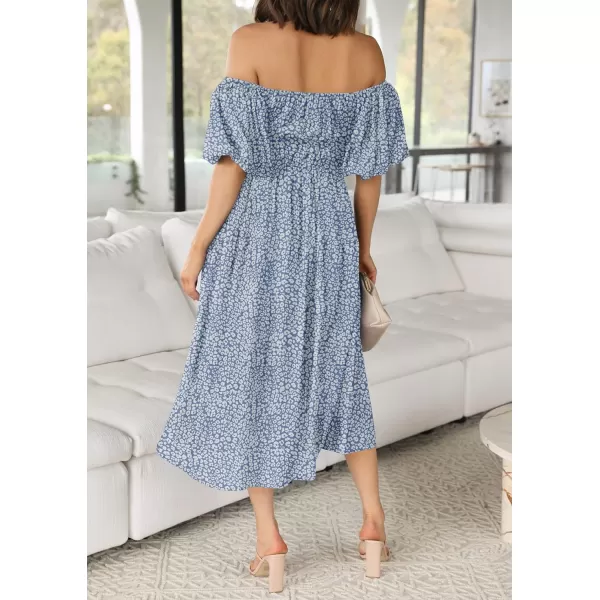 imageZESICA Womens 2023 Sexy Boho Off Shoulder Puff Short Sleeve High Waist Ruffled Flowy A Line Beach Party Midi DressLightblue
