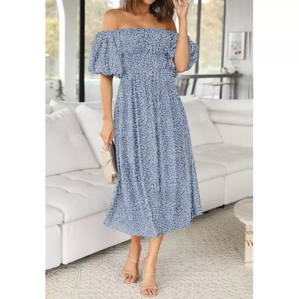 imageZESICA Womens 2023 Sexy Boho Off Shoulder Puff Short Sleeve High Waist Ruffled Flowy A Line Beach Party Midi DressLightblue