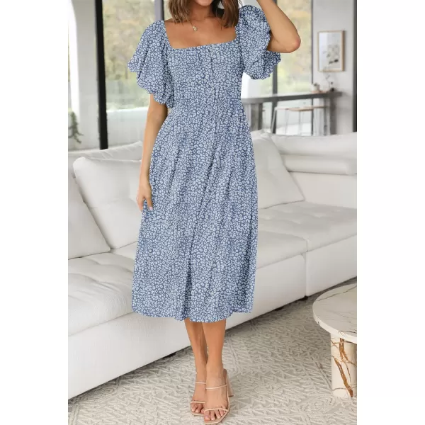 imageZESICA Womens 2023 Sexy Boho Off Shoulder Puff Short Sleeve High Waist Ruffled Flowy A Line Beach Party Midi DressLightblue