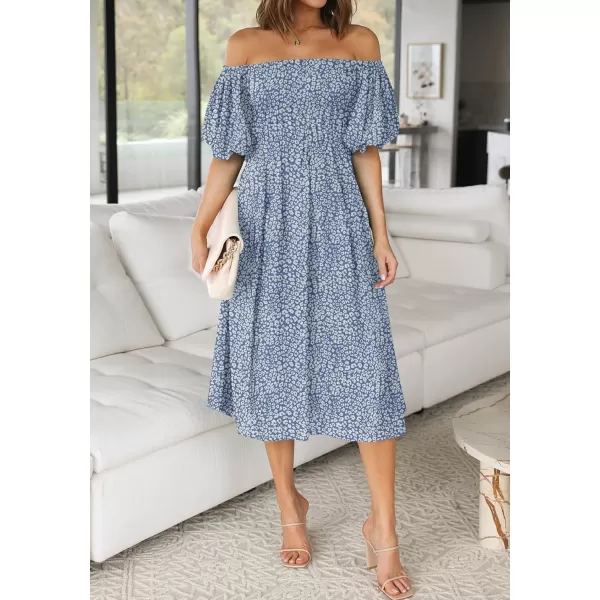 imageZESICA Womens 2023 Sexy Boho Off Shoulder Puff Short Sleeve High Waist Ruffled Flowy A Line Beach Party Midi DressLightblue