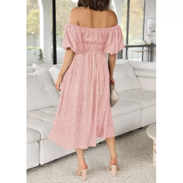 imageZESICA Womens 2023 Sexy Boho Off Shoulder Puff Short Sleeve High Waist Ruffled Flowy A Line Beach Party Midi DressLightpink