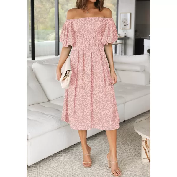imageZESICA Womens 2023 Sexy Boho Off Shoulder Puff Short Sleeve High Waist Ruffled Flowy A Line Beach Party Midi DressLightpink