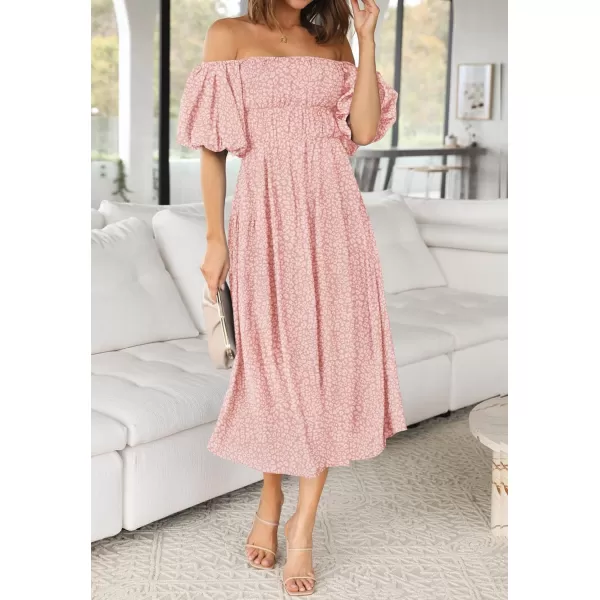 imageZESICA Womens 2023 Sexy Boho Off Shoulder Puff Short Sleeve High Waist Ruffled Flowy A Line Beach Party Midi DressLightpink