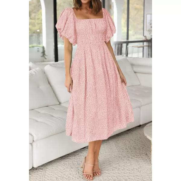 imageZESICA Womens 2023 Sexy Boho Off Shoulder Puff Short Sleeve High Waist Ruffled Flowy A Line Beach Party Midi DressLightpink