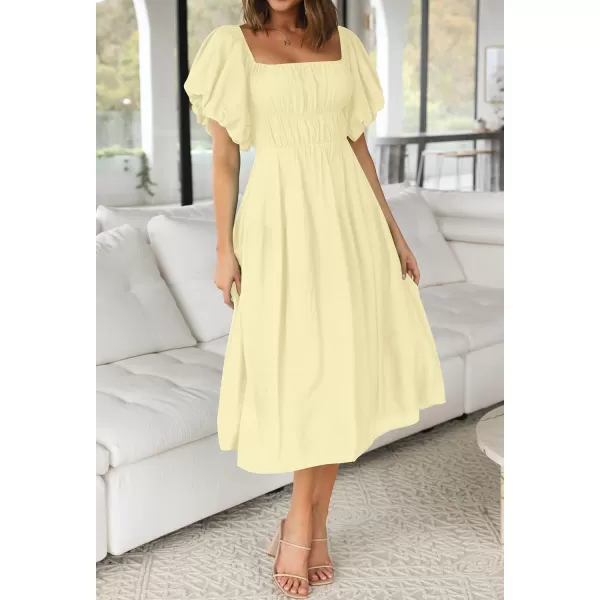 imageZESICA Womens 2023 Sexy Boho Off Shoulder Puff Short Sleeve High Waist Ruffled Flowy A Line Beach Party Midi DressLightyellow