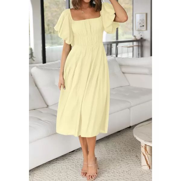 imageZESICA Womens 2023 Sexy Boho Off Shoulder Puff Short Sleeve High Waist Ruffled Flowy A Line Beach Party Midi DressLightyellow