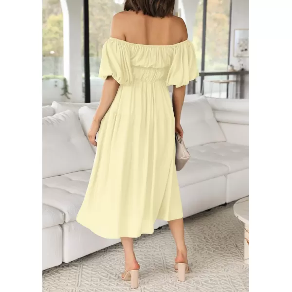 imageZESICA Womens 2023 Sexy Boho Off Shoulder Puff Short Sleeve High Waist Ruffled Flowy A Line Beach Party Midi DressLightyellow