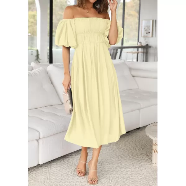 imageZESICA Womens 2023 Sexy Boho Off Shoulder Puff Short Sleeve High Waist Ruffled Flowy A Line Beach Party Midi DressLightyellow