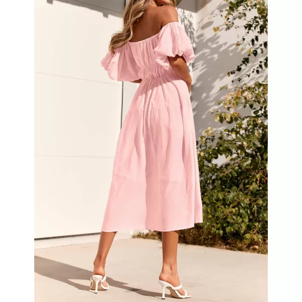 imageZESICA Womens 2023 Sexy Boho Off Shoulder Puff Short Sleeve High Waist Ruffled Flowy A Line Beach Party Midi DressPink