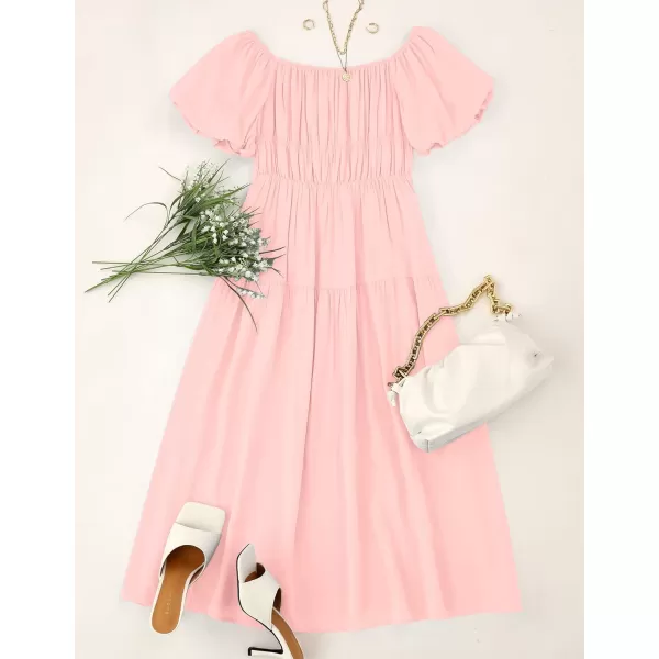 imageZESICA Womens 2023 Sexy Boho Off Shoulder Puff Short Sleeve High Waist Ruffled Flowy A Line Beach Party Midi DressPink